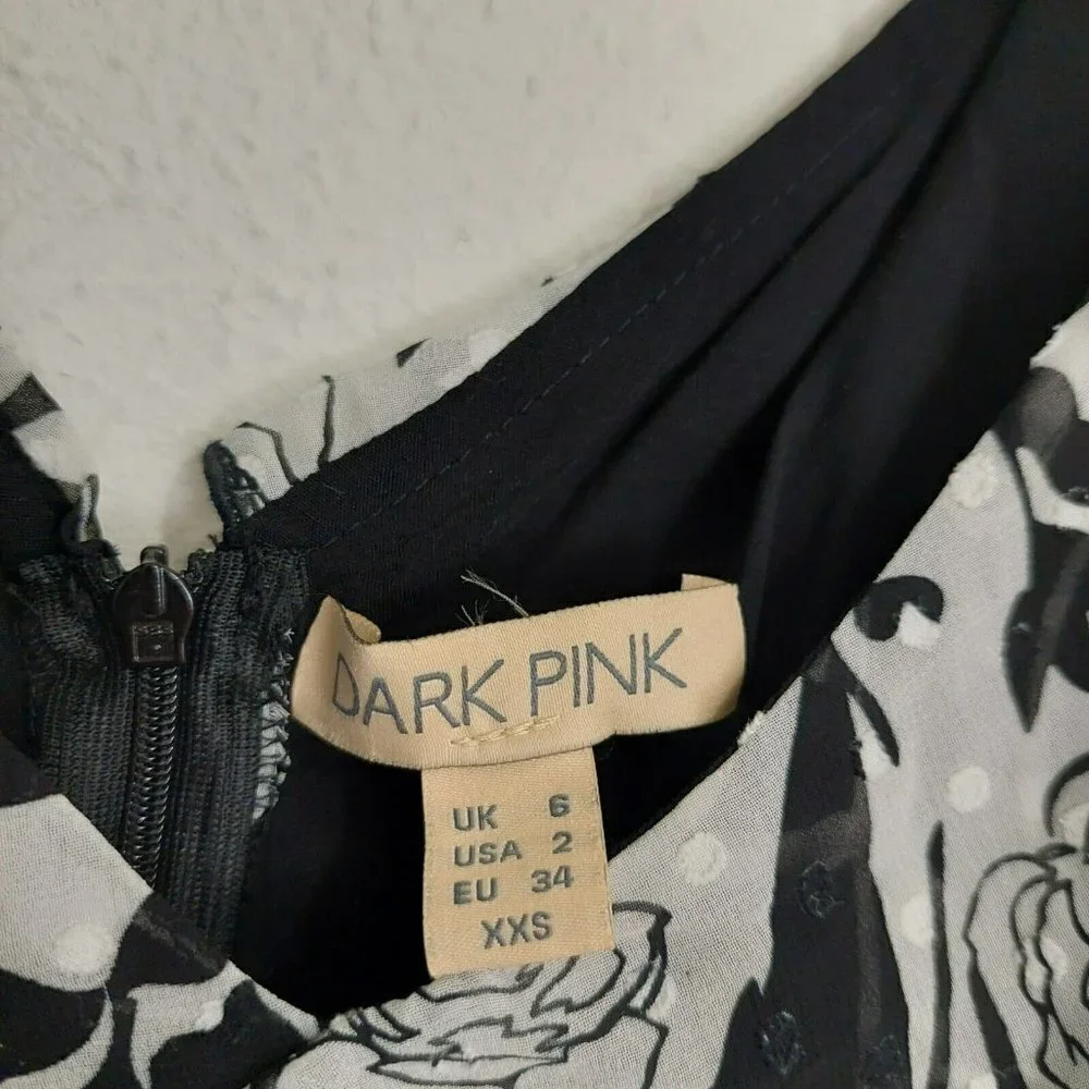 Dark Pink Deconstructed Midi Tea Dress Black White Layered Ruffled Sz US 2 /UK 6